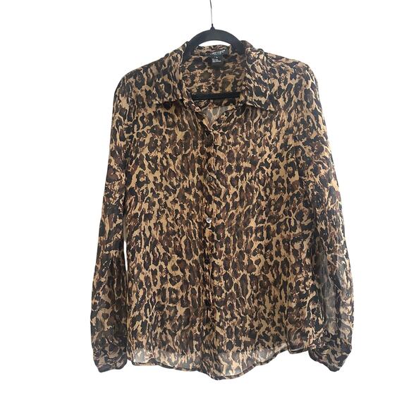 KAREN KANE Sheer Silk Leopard Animal Print Button Down Blouse - Sz Large - Picture 1 of 3